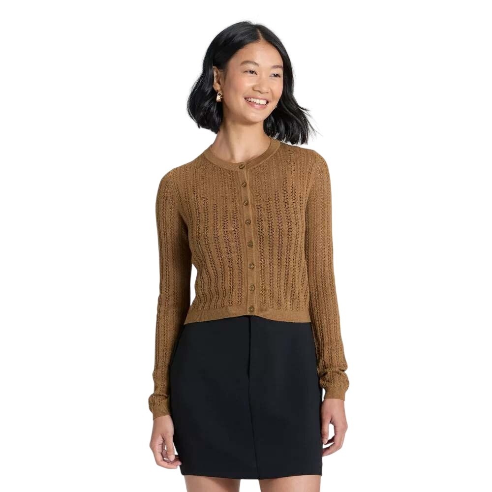 A New Day Women's Brown Pointelle Knit Button Front Cardigan Sweater Size Large